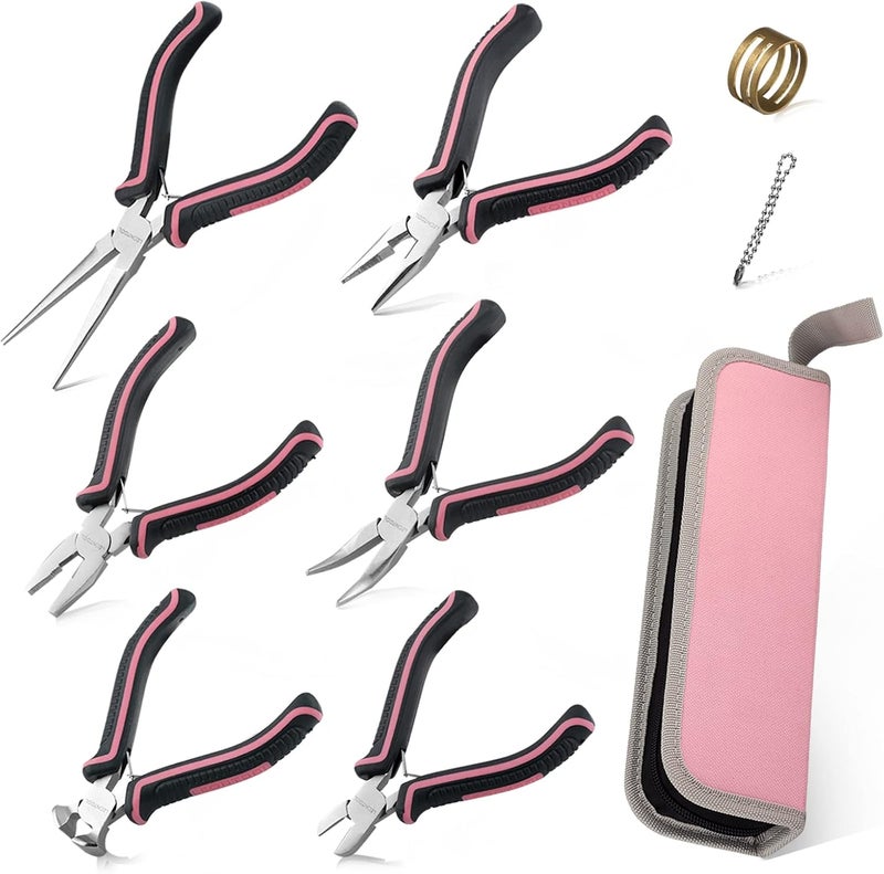 LEONTOOL 6-Piece Jewelry Pliers Set with Case, Including Needle Nose, Bent Nose, Diagonal, End Nippers, Perfect for DIY Crafting, Beading & Repairing - Image 1